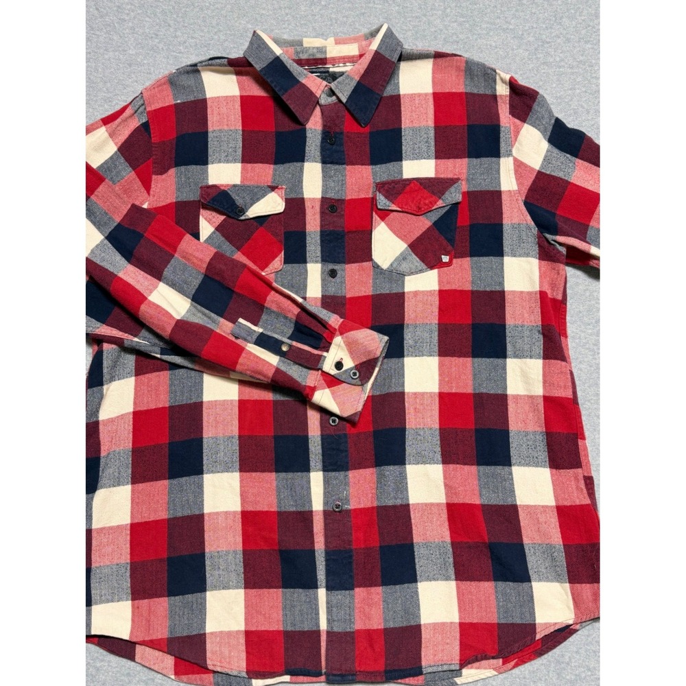 Ocean Current Mens XL Flannel Shirt Red Navy Blue‎ Plaid Cotton Herringbone